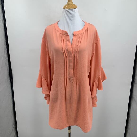 Vince Camuto Blouse Womens 3X Plus Salmon Split Neck Ruffle Sleeve Pintuck Top - Picture 2 of 12